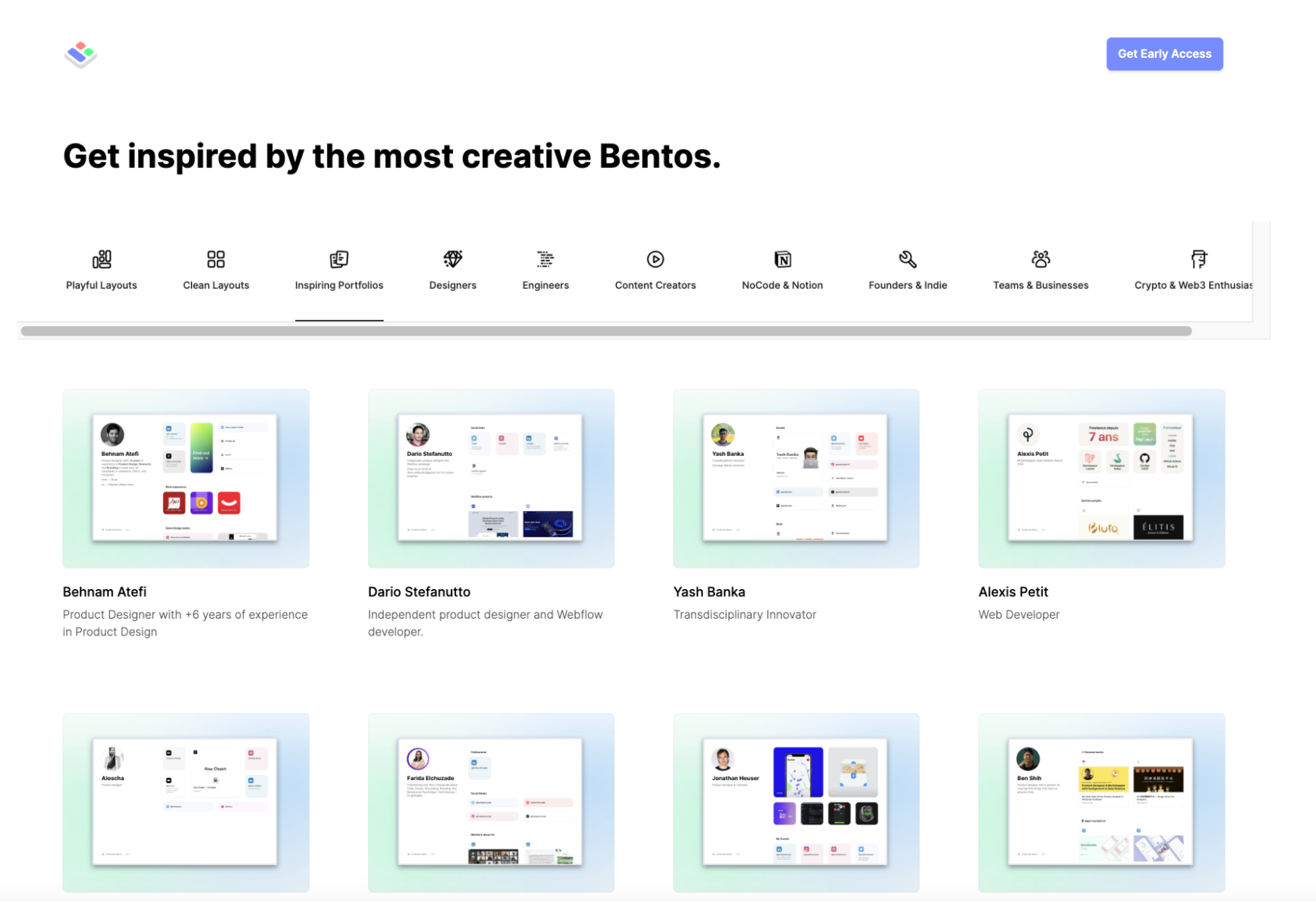 Die Explore-Page von Bento, auf der du viele weitere Bentos entdecken kannst.<br />
