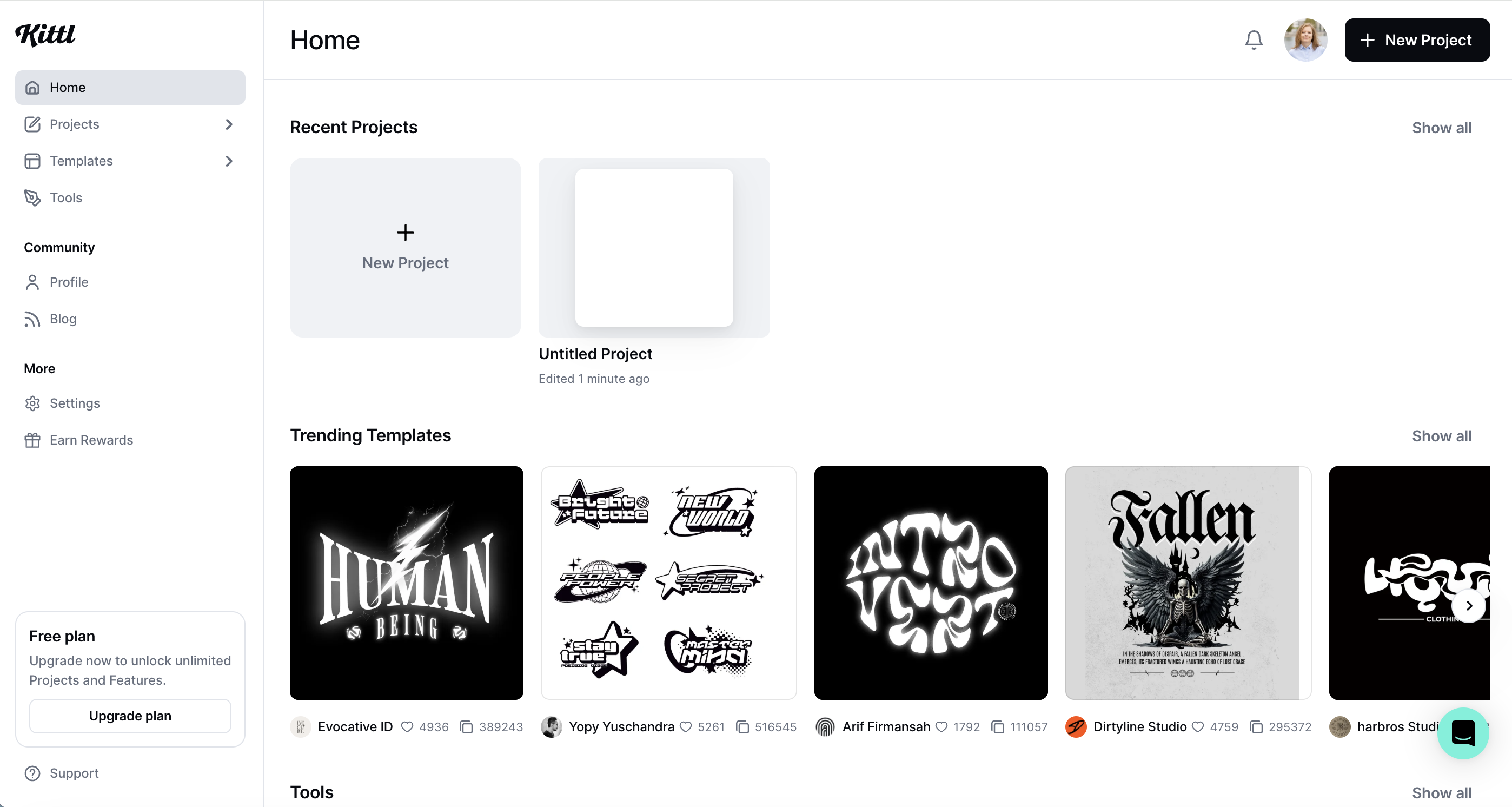Kittl-Startseite Startseite der Design-Plattform Kittl mit neuen Projekten und Templates.