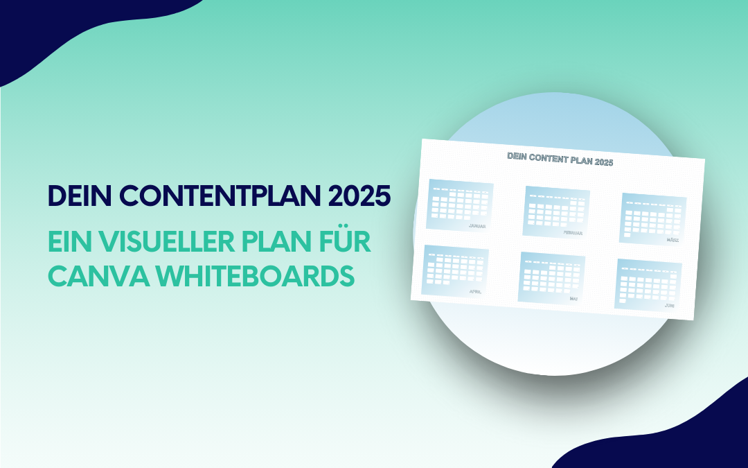 Ein Bild mit einem Content-Plan für 2025. Der Titel lautet "Dein Contentplan 2025" in dunkelblauer Schrift, darunter steht "Ein visueller Plan für Canva Whiteboards" in grüner Schrift. Auf der rechten Seite ist ein Beispiel-Layout des Content-Plans mit Monatsübersichten (Januar bis Juni) in einer bläulichen Farbkombination dargestellt. Der Hintergrund ist in einem weichen Farbverlauf von hellgrün bis weiß gestaltet.