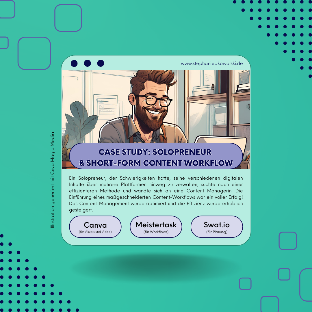 Ein Solopreneur, der Schwierigkeiten hatte, seine verschiedenen digitalen Inhalte über mehrere Plattformen hinweg zu verwalten, suchte nach einer effizienteren Methode und wandte sich an eine Content Managerin. Die Einführung eines maßgeschneiderten Content-Workflows war ein voller Erfolg! Das Content-Management wurde optimiert und die Effizienz wurde erheblich gesteigert.