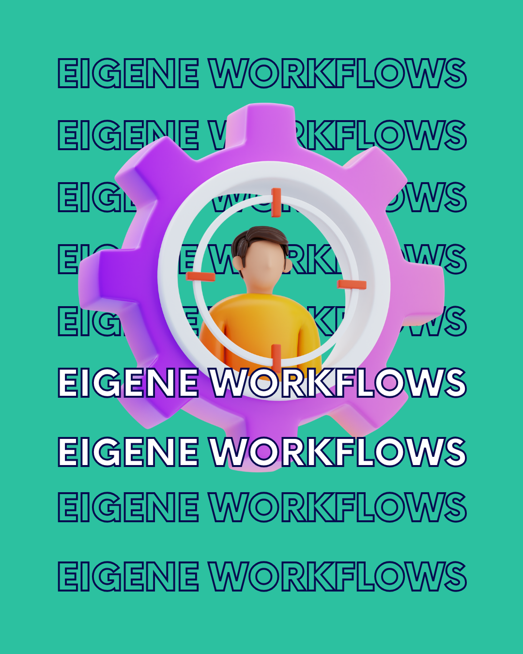 individuelle-workflows 3D-Illustration einer stilisierten Person im Fadenkreuz vor lila Zahnrad und wiederholtem „Eigene Workflows“-Schriftzug.