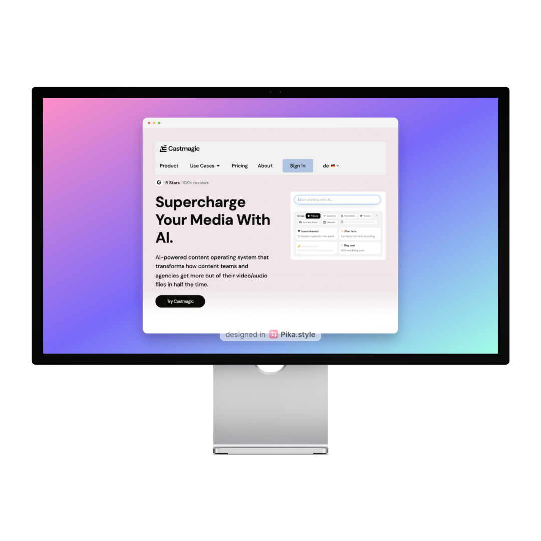 Ein Computerbildschirm zeigt die Website von Castmagic mit dem Slogan „Supercharge Your Media With AI“.