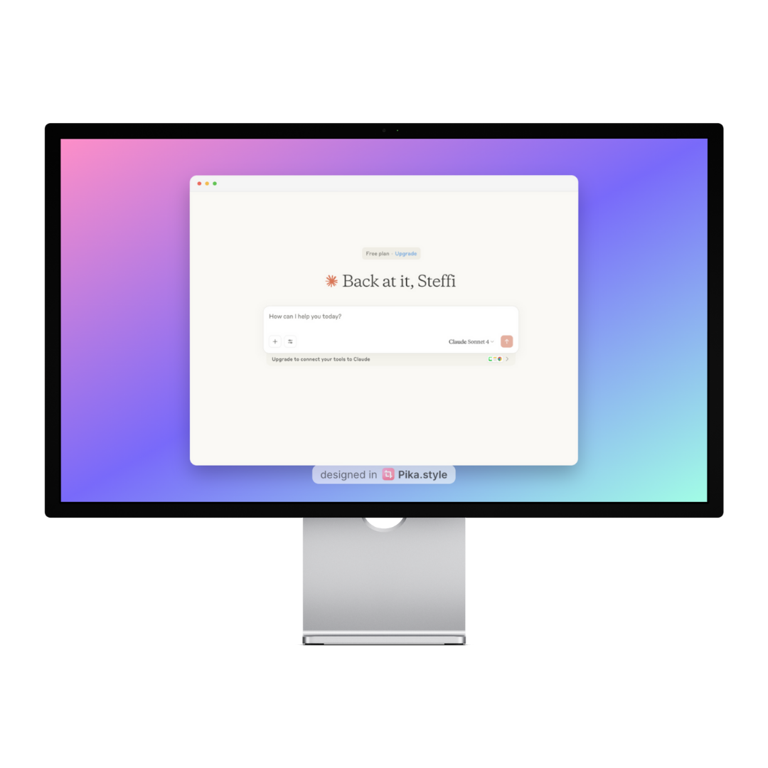 Ein Computerbildschirm zeigt eine Benutzeroberfläche eines KI-Tools mit der Begrüßung „Back at it, Steffi“.