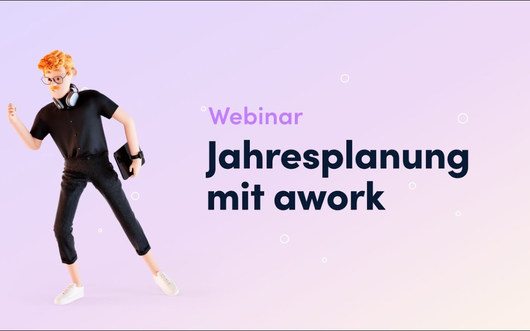 Webinar Jahresplanung mit awork – Illustration einer Person mit Kopfhörern, die den Titel „Webinar Jahresplanung mit awork“ darstellt, vor einem hellvioletten Hintergrund.