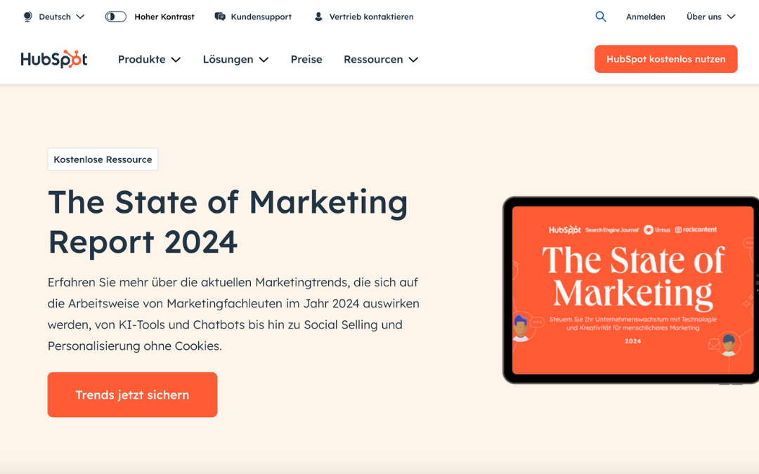 HubSpot The State of Marketing Report 2024 – Webseite von HubSpot, die den „The State of Marketing Report 2024“ ankündigt, mit einem orangenen Bild und dem Titel, der auf Marketingtrends 2024 hinweist.