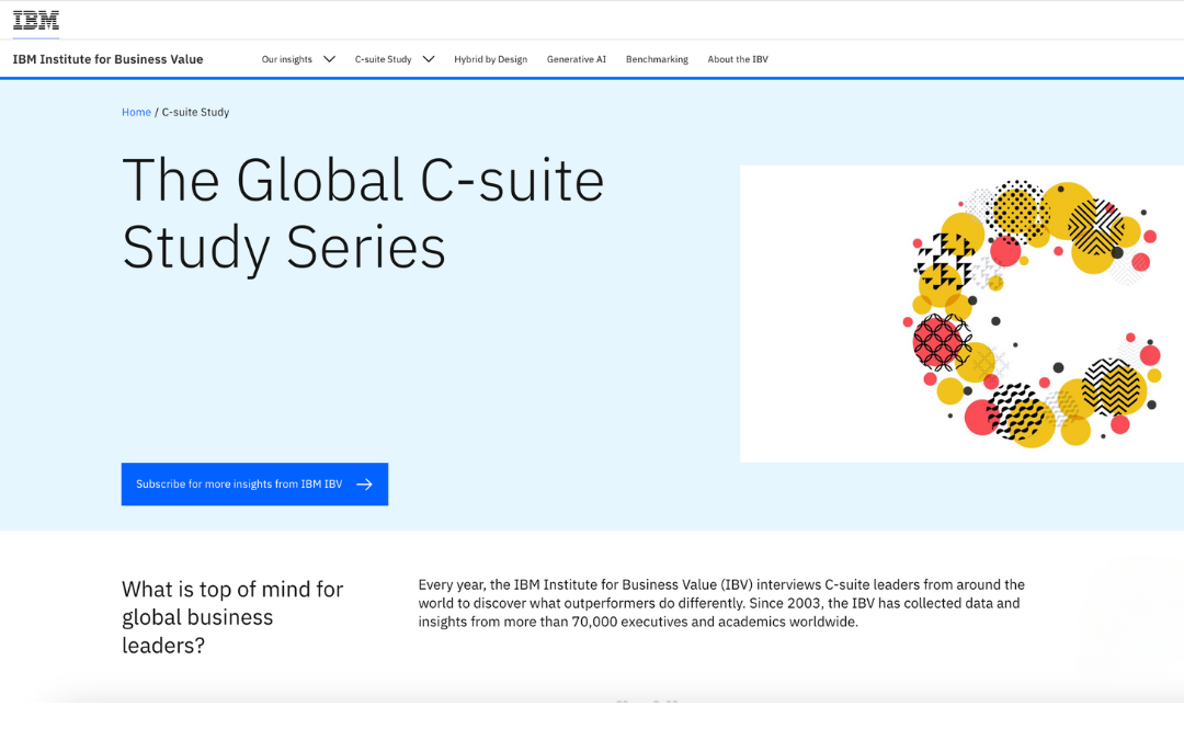 IBM The Global C-suite Study – Webseite des IBM Institute for Business Value, die die „Global C-suite Study Series“ vorstellt, mit einem Fokus auf die Untersuchung von globalen Führungskräften.