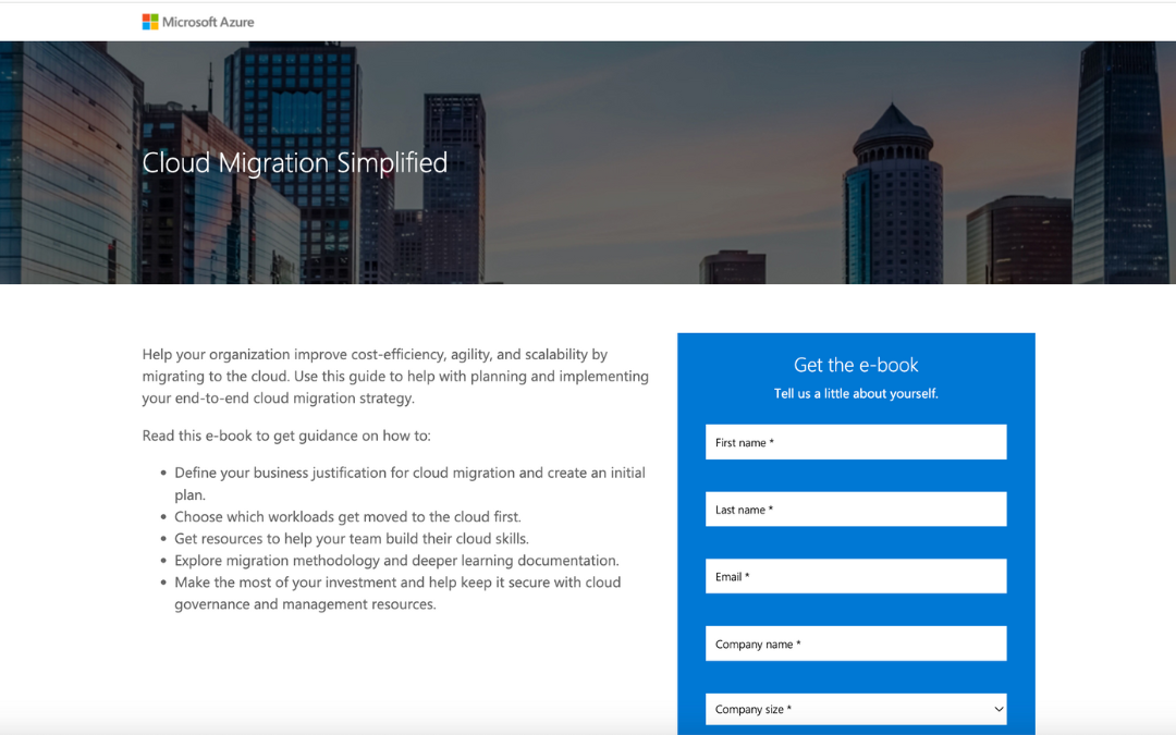 Microsoft Azure Cloud Migration – Webseite von Microsoft Azure, die den E-Book „Cloud Migration Simplified“ zur Unterstützung bei der Planung von Cloud-Migrationen anbietet.