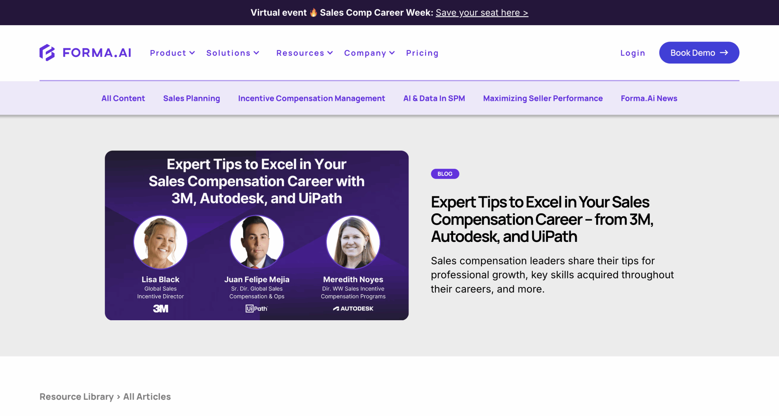 Webseite von Forma.ai mit einem Blogartikel „Expert Tips to Excel in Your Sales Compensation Career – from 3M, Autodesk, and UiPath“ inklusive Expertenfotos.