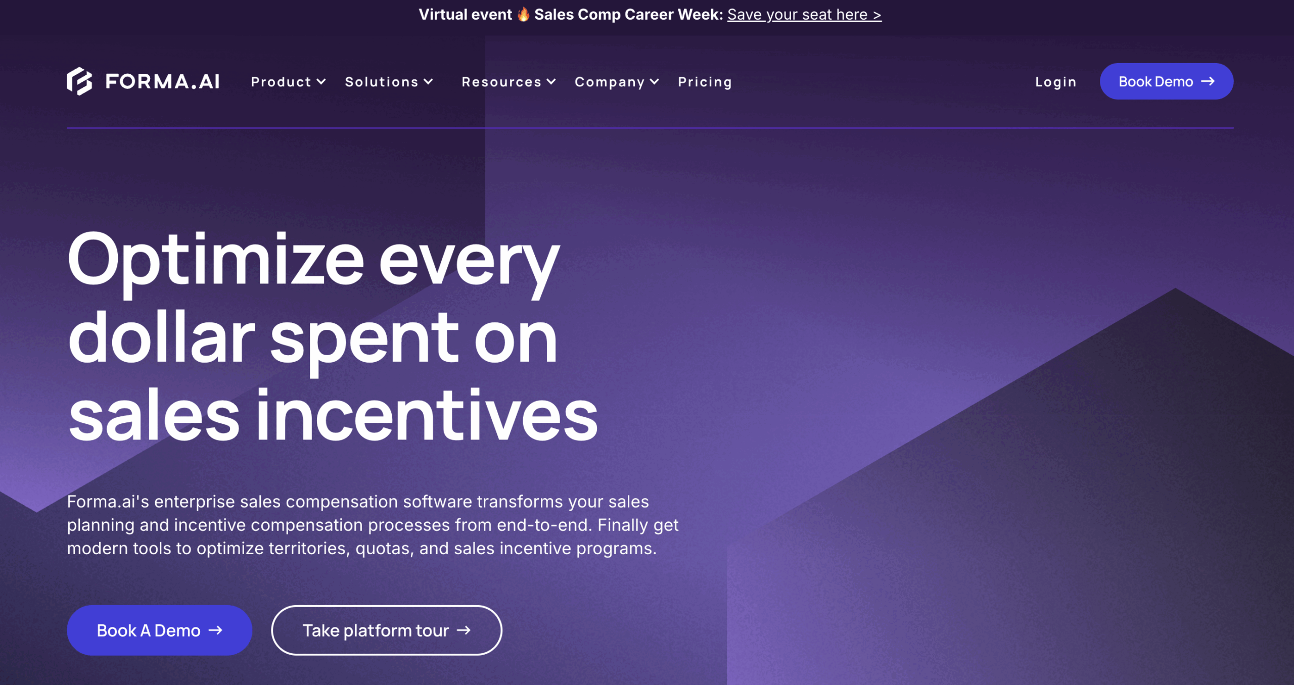 Startseite von Forma.ai mit dem Slogan „Optimize every dollar spent on sales incentives“ und Call-to-Action-Buttons zur Demo-Buchung und Plattform-Tour.