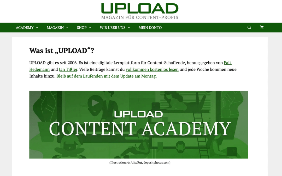 Webseite des "UPLOAD"-Magazins mit Informationen über die Content Academy, eine Plattform für Content-Schaffende.