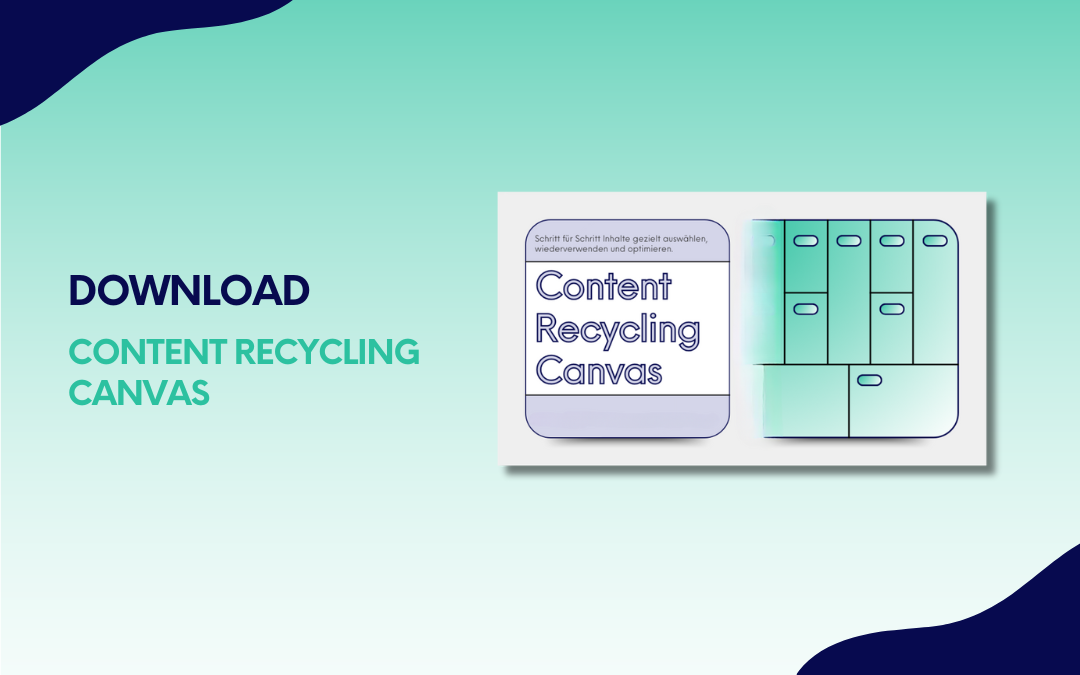 Ein Bild des „Content Recycling Canvas“. Es zeigt eine Vorschau des Tools mit einer Tabelle oder einem visuellen Raster, das Content-Planung und -Recycling erleichtert. Begleittext: „Schritt für Schritt Inhalte gezielt auswählen, wiederverwenden und optimieren.“