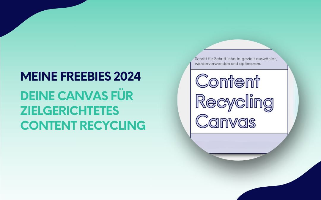 Eine Vorschau auf das „Content Recycling Canvas“, ein Tool zur systematischen Planung und Optimierung von Content. Der Begleittext lautet: „Meine Freebies 2024 – Deine Canvas für zielgerichtetes Content Recycling“.