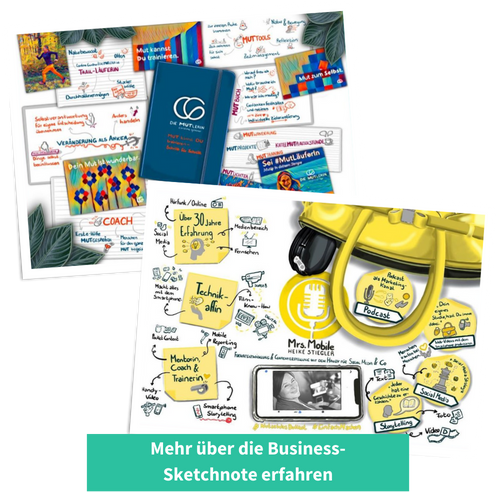 Zwei bunte Business-Sketchnotes, die visuelle Darstellungen von Prozessen, Konzepten und Ideen zeigen. Links ist eine Sketchnote zu sehen, die ein Buch, bunte Illustrationen und beschriftete Pfeile integriert. Rechts zeigt eine andere Sketchnote Themen wie Technikaffinität, Coaching und Storytelling mit gelben Akzenten und klaren Verbindungen. Unten ein Button mit der Aufschrift „Mehr über die Business-Sketchnote erfahren“.