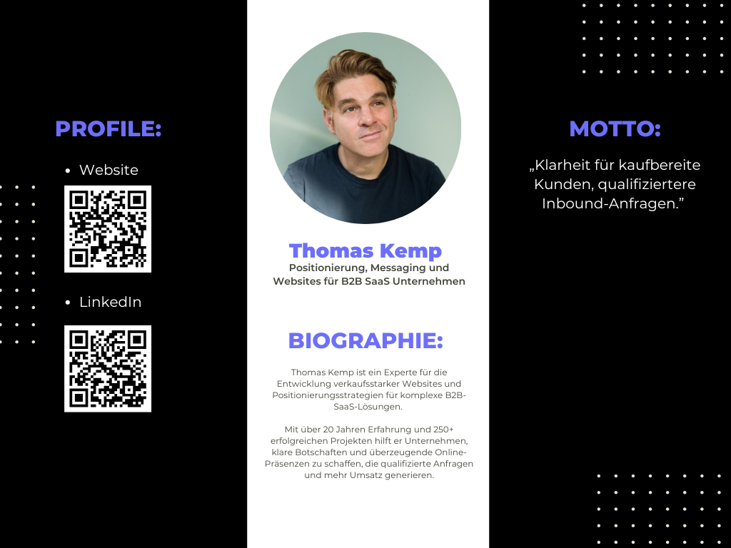 Kurzbio – Thomas Kemp Portraitgrafik von Thomas Kemp mit Kurzbiografie, Motto und QR-Codes zu Website und LinkedIn-Profil. Fokus auf seine Expertise in Positionierung und Websites für B2B SaaS Unternehmen.