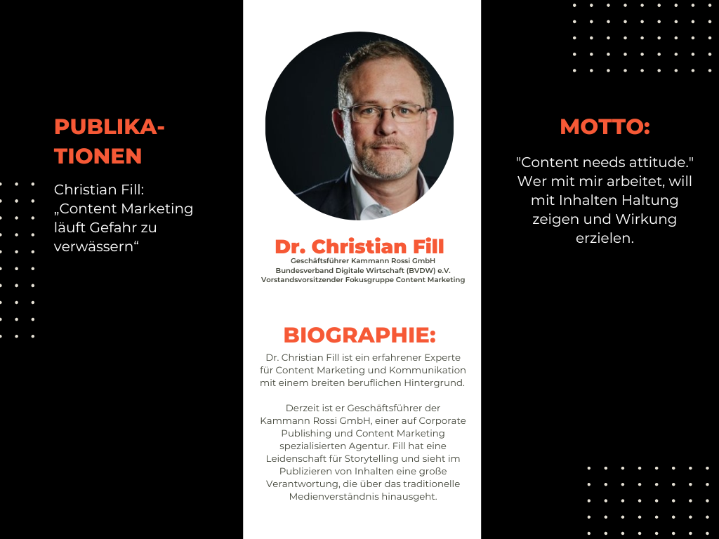 Kurzbio – Dr. Christian Fill Layout mit rundem Porträtfoto eines Mannes in der Mitte, links eine Liste unter „Publikationen“ und rechts ein Zitat unter „Motto“.