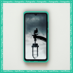 Ein Smartphone zeigt ein stimmungsvolles Schwarzweiß-Foto einer Laterne mit Vogel.