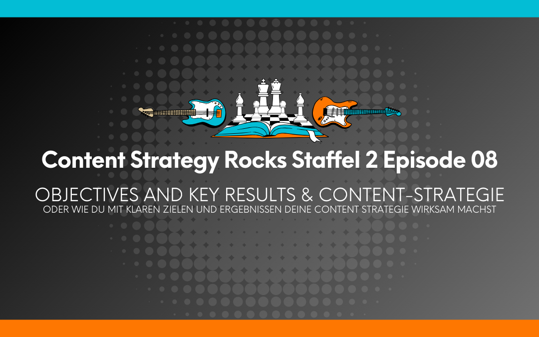 Grafische Ankündigung für „Content Strategy Rocks Staffel 2 Episode 08“ mit Gitarren, einem Schachbrett und einem Buch, das den Zusammenhang zwischen Zielen und Content-Strategie darstellt.