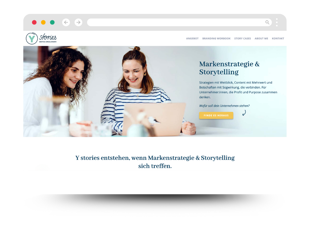 Screenshot der Website „Y stories“ von Mayka Engelmann mit dem Schwerpunkt auf Markenstrategie und Storytelling.