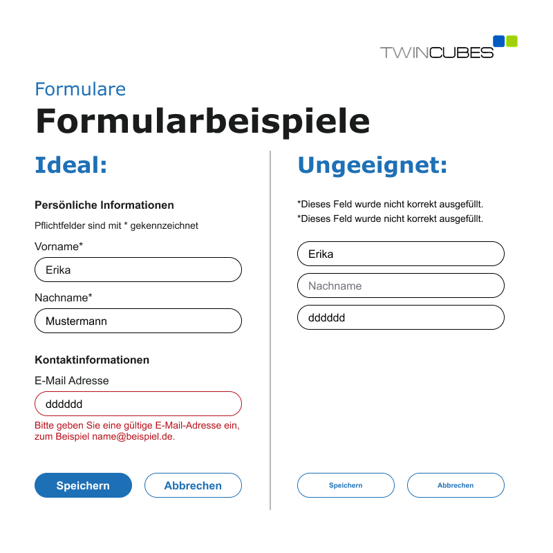 Blog - Formulare Grafik zeigt ein Beispiel für barrierefreie und nicht barrierefreie Formulare im Vergleich, mit klar beschrifteten Feldern und Fehlermeldungen.