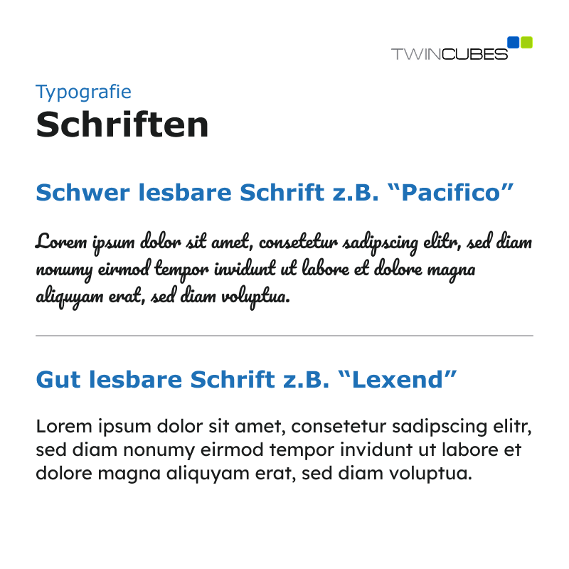 Blog - Typographie Beispielgrafik zum Thema Typografie zeigt den Unterschied zwischen einer schwer lesbaren Schrift (Pacifico, kursiv und verschnörkelt) und einer gut lesbaren Schrift (Lexend, klar und gerade).