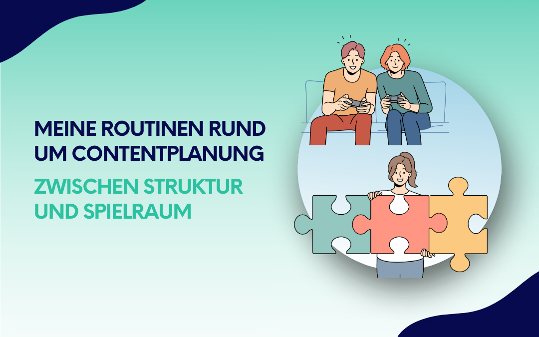 Illustration zu Contentplanung: Menschen zwischen Struktur und Spielraum, symbolisiert durch Gaming, Puzzleteile und Zusammenarbeit.