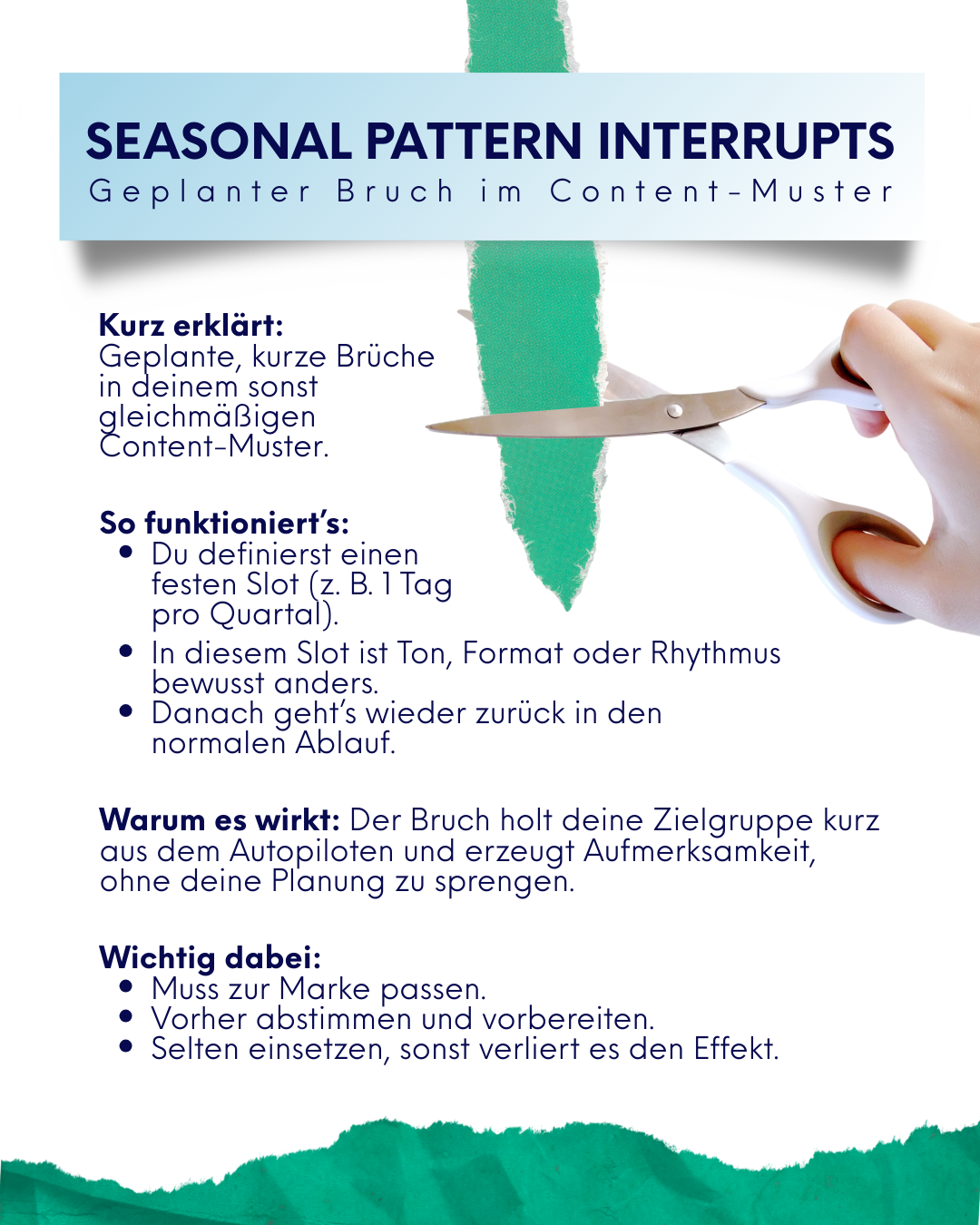 Infografik zu „Seasonal Pattern Interrupts“ mit Stichpunkten zur Umsetzung und einer Schere, die ein grünes Papier als Symbol für einen geplanten Bruch durchschneidet.