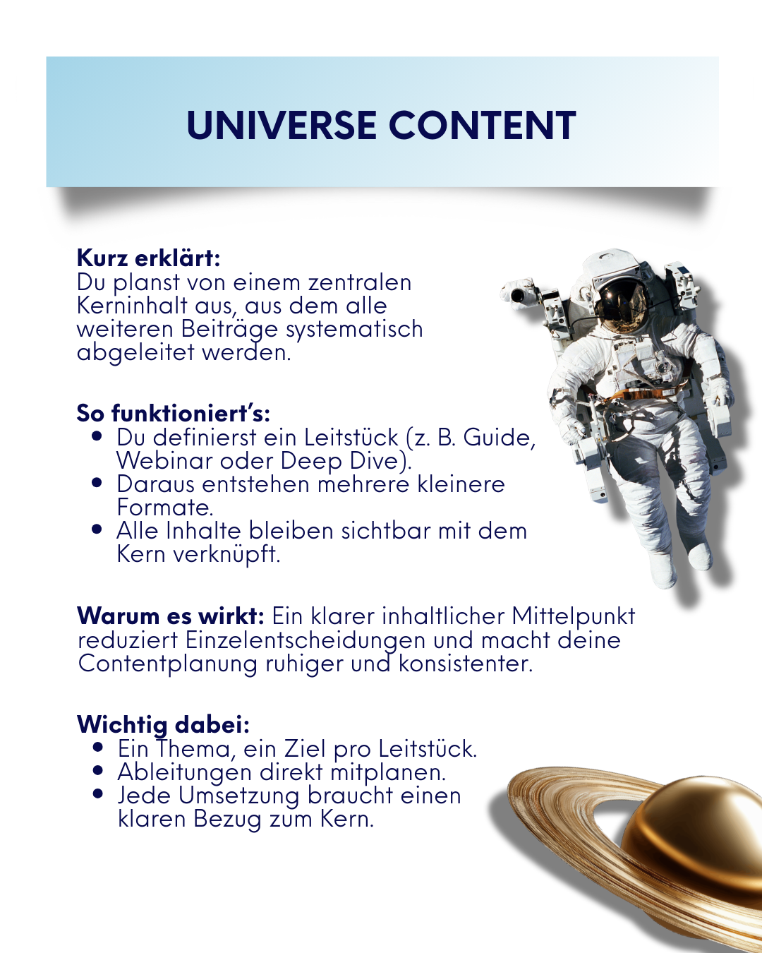 Infografik zu Universe Content mit Stichpunkten zur Methode und einem Astronauten als visuelles Symbol für einen zentralen inhaltlichen Kern.