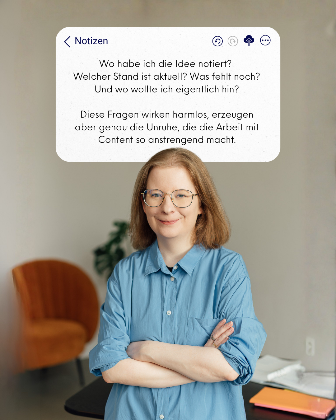 Notiz-Grafik mit Fragen zu verlorenen Ideen und unklaren Arbeitsständen, darunter eine Person am Laptop.
